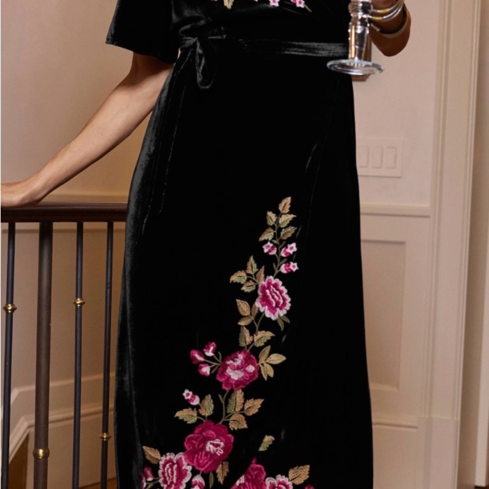 Johnny Was Velvet Dress with Pink and Green Embroidery